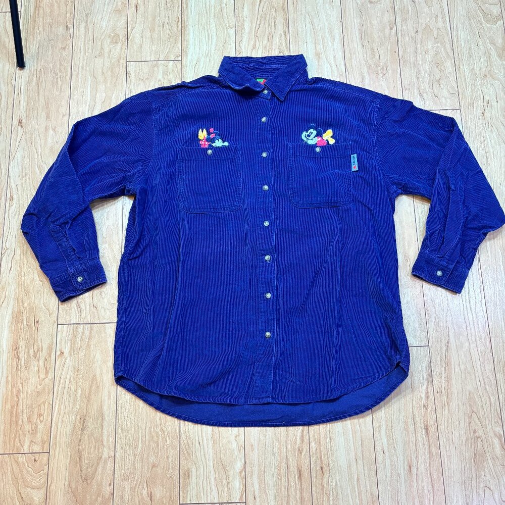 Mickey Unlimited VTG Disney Mickey Minnie Mouse Blue Corduroy Shirt Size L